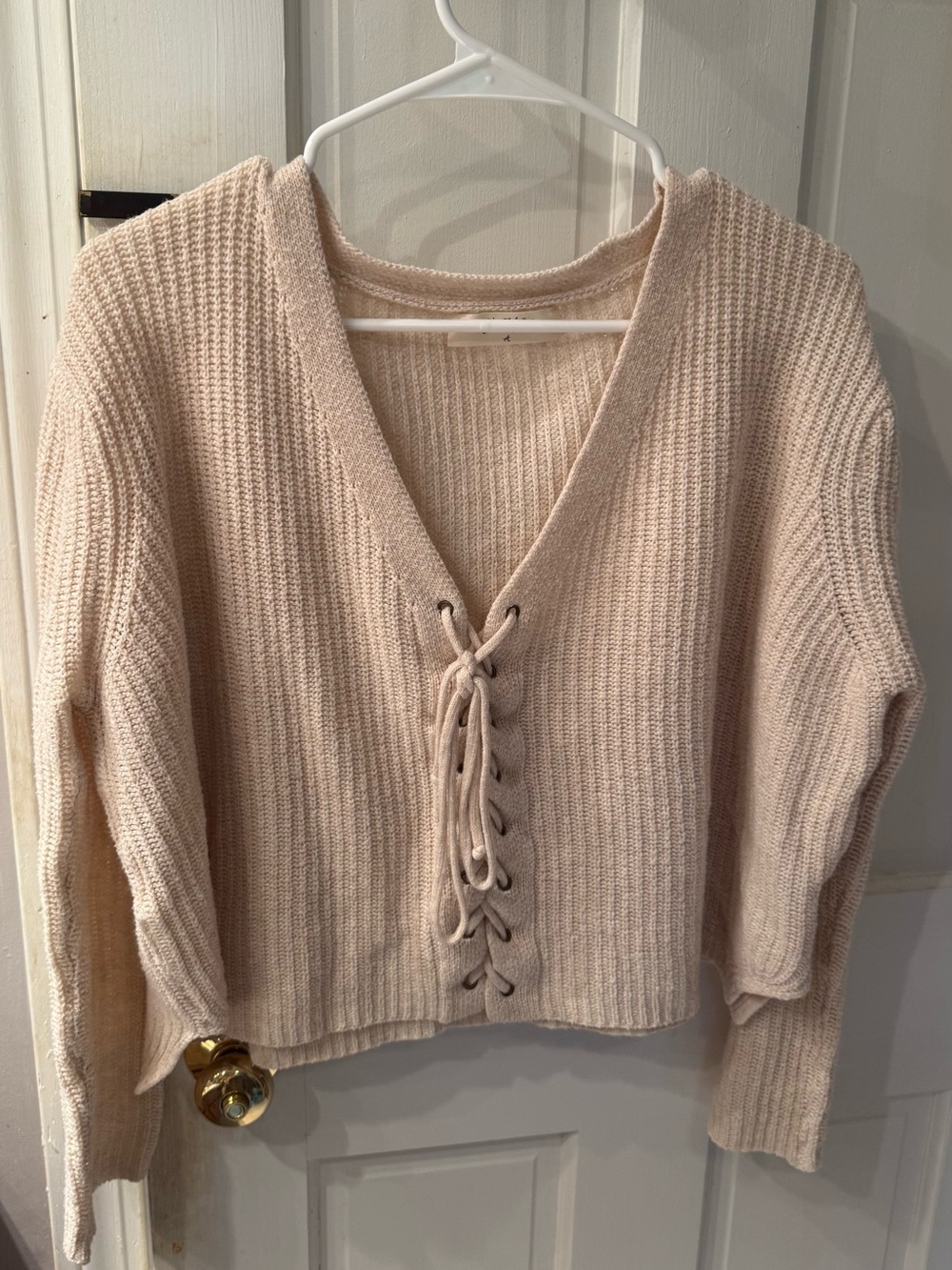 Lace-Up V-Neck Knit Crop Sweater - Cream